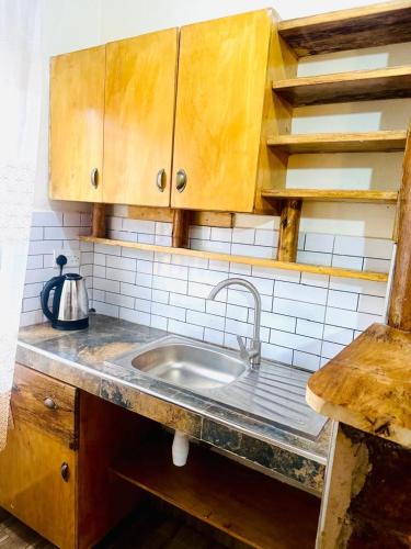 a kitchen with a sink and wooden cabinets at Eagle Nest in Namulanda
