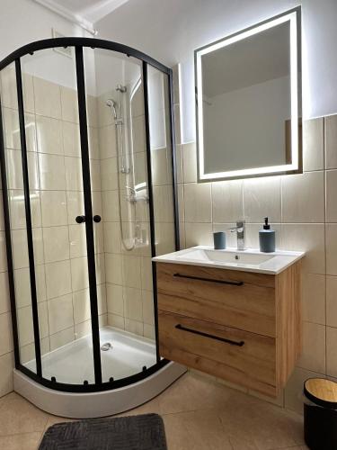 a bathroom with a shower and a sink and a mirror at Nad Wadągiem in Kieźliny
