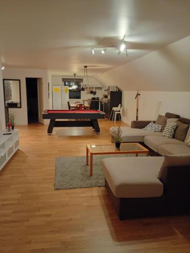 a living room with a pool table in it at Seeblickwohnung Aäng 6 Pool, Billard in Mjöhult