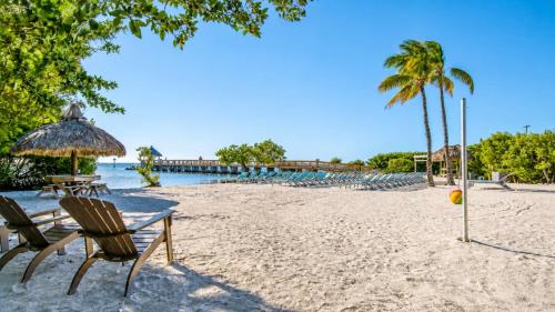 a beach with a table and chairs and a palm tree at Key Largo 2BR 2BA Oceanfront with Pool in Tavernier