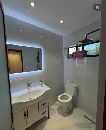 a bathroom with a sink and a toilet and a mirror at Vila CANO Boutique in Durrës