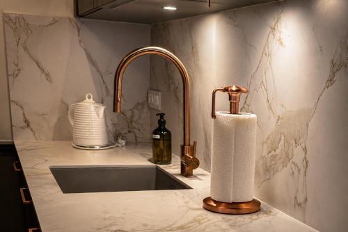 a sink with a roll of paper towels on a counter at La Villa Du Temple - Climatisation in Auxerre