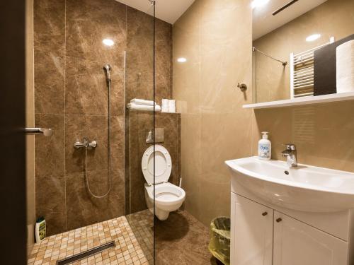 a bathroom with a shower and a toilet and a sink at Semberski Salaš Intergaj Hotel in Bijeljina