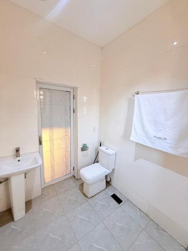 a white bathroom with a toilet and a sink at SereneHiz Shelters in Enugu