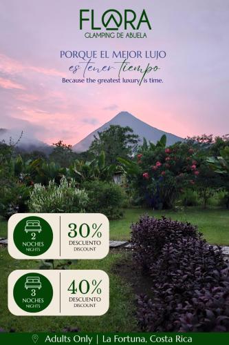 a flyer for a flower farm with a mountain in the background at Flora Glamping de Abuela in Fortuna
