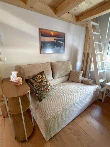 a living room with a couch and a ladder at Inselquartier Ratzeburg in Ratzeburg