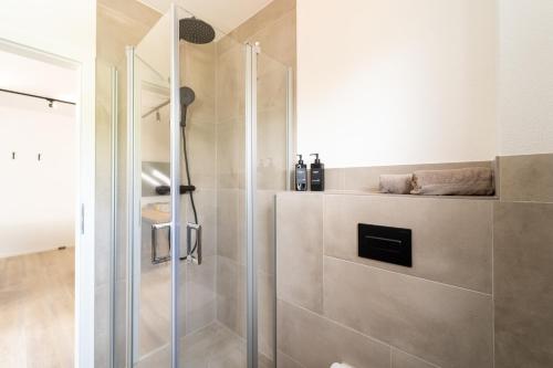 a shower with a glass door in a bathroom at Glückszeit Apartments Gießen in Gießen