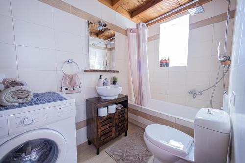 a bathroom with a washing machine and a sink at Irene's Maisonette at Rafaella Resort in Kokóni