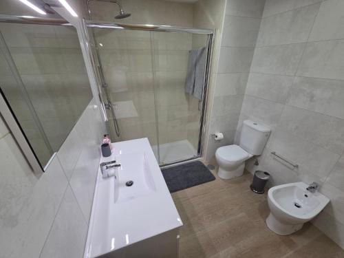 a bathroom with a shower and a sink and a toilet at Paisagem&Charme in Celorico de Basto
