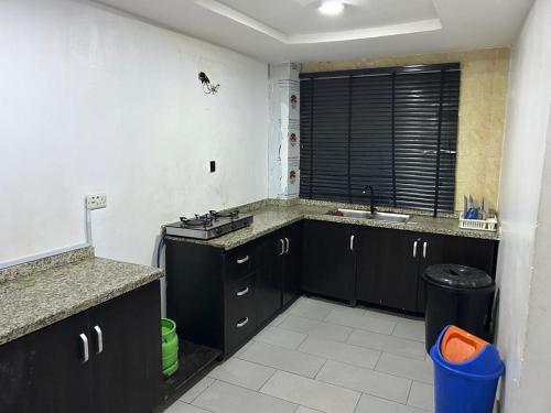 a kitchen with black cabinets and a sink at Cozy Nooks in Ijaiye