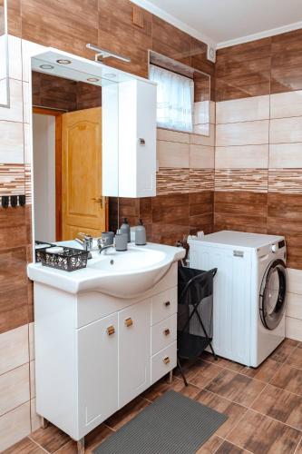 a bathroom with a sink and a washing machine at Déjá-Vu Apartmanház in Szigetvár