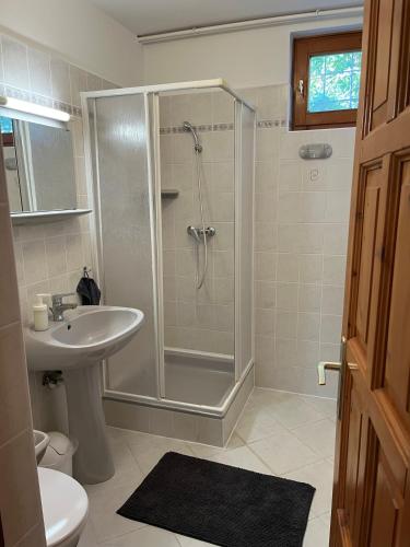 a bathroom with a shower and a sink at Handó Porta in Szenna