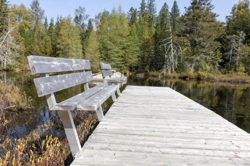 a bench sitting on a wooden bridge over a lake at Chinook 172 in Sainte-Marguerite