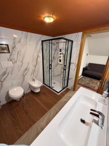 a bathroom with a sink and a toilet and a shower at Casa Marza in Făgăraş