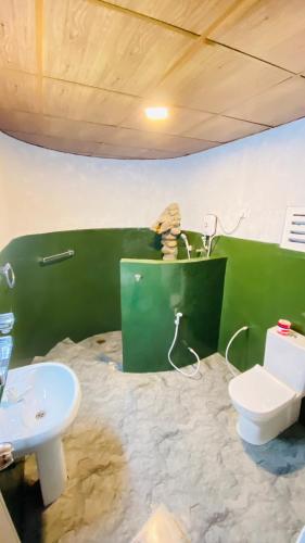 a green bathroom with a toilet and a sink at Seravelle Kitulgala in Kitulgala