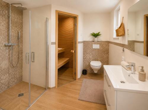 a bathroom with a shower and a sink and a toilet at Alb-Welle I Design-Apartment mit privater Sauna & Badkap-Nähe in Albstadt