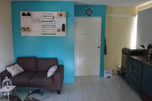 a living room with a couch and a blue wall at Casa Bista Montaña in Barber