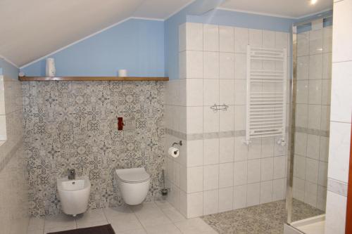 a bathroom with a toilet and a shower at Bocianówka 5 in Wężówka