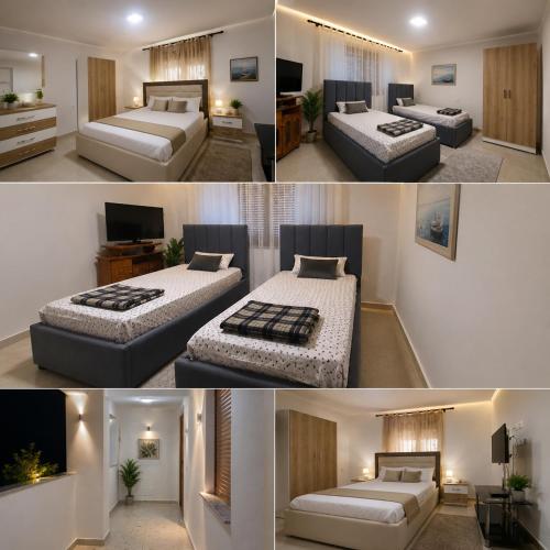 three different pictures of a bedroom with two beds at Vila Ansi Klean in Udënisht