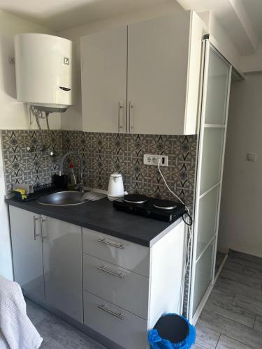 a kitchen with a sink and a counter top at Lovor apartmani in Zelenika