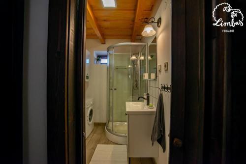 a bathroom with a shower and a toilet and a sink at Limbus Fogadó in Gyöngyöstarján