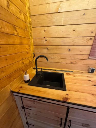 a kitchen with a sink in a wooden wall at Mountain heaven in Andrijevica