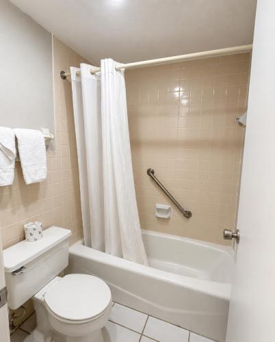 a bathroom with a toilet and a tub and a sink at Hospitality House Union City I 69 US 51, TN in Union City