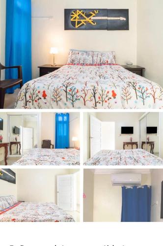 a collage of four pictures of a bedroom at Cerca del Mar, Obelisco Hembra y Zona Colonial in Santo Domingo
