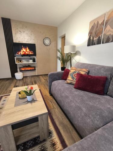 a living room with a couch and a fireplace at Vukašinova stanica in Pale