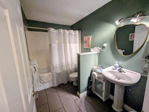 a bathroom with a sink and a toilet and a mirror at Evergreen Bed & Breakfast in Hope