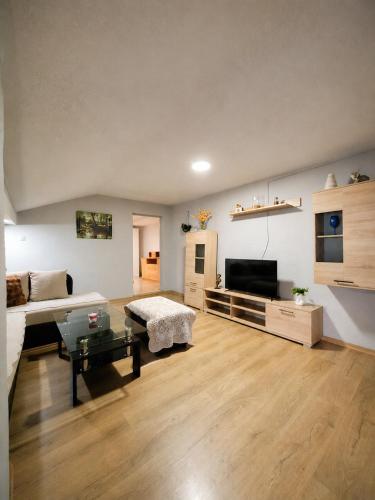 a large living room with a couch and a tv at Villa Risteski Ohrid in Ohrid