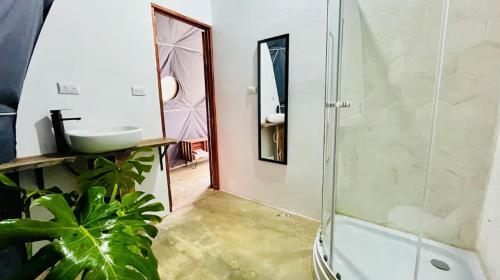 ein Badezimmer mit Waschbecken und Dusche in der Unterkunft Morpho Glamping in Nuevo Arenal