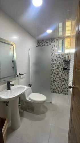 a bathroom with a toilet and a sink at Apt cómodo a 6 minuto de megacentro in El Bonito