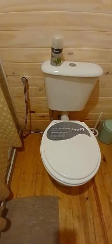 a white toilet sitting on a wooden floor at Refugio La Lechuza in San Rafael