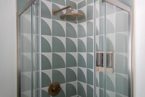 a bathroom with a shower with blue and white tiles at Soft Launch Deal Butterfly Bungalow Studio in Saugerties