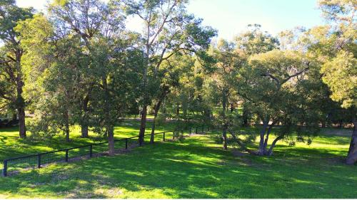 a park with trees and a fence in the grass at Tiny Home in the Hills by Tiny Away in Perth
