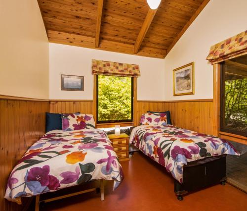 a bedroom with two beds and a window at Falls Lodge - a Blue Mountains experience in Wentworth Falls