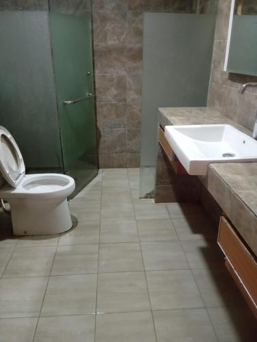 a bathroom with a toilet and a sink and a shower at Megamendung Hotel & Resort in Ciguntur