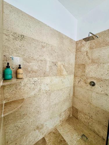 a large bathroom with a shower with a glass door at Studio RoofTop with amazing view in Mahahual