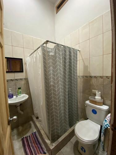 a bathroom with a shower and a toilet and a sink at Casa Palo Verde in Bagaces