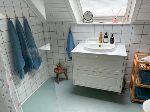 a bathroom with a sink and blue towels at Modern Oasis Surrounded By Nature in Ry