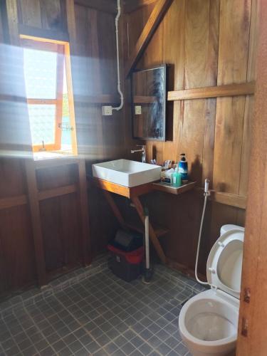 a bathroom with a sink and a toilet at Selambak View Cottage in Pulau Siantan