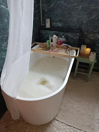a bath tub with a shower curtain in a bathroom at Vakker perle nær sjøen in Villanger
