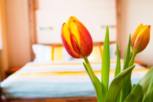 a flower in a vase next to a bed at Apart Solaria - Wohnungen in Au-Schoppernau in Au im Bregenzerwald