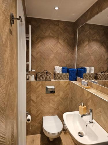 a bathroom with a white toilet and a sink at Blu Apartament in Strzelno