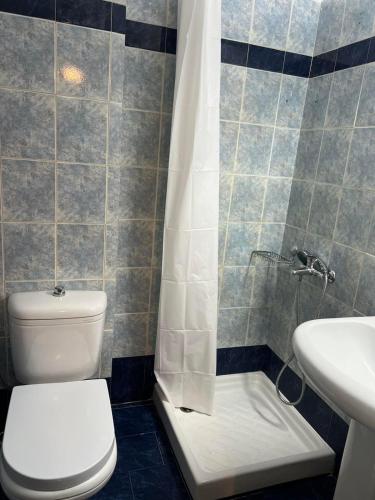 a bathroom with a toilet and a sink and a shower at Platamon house in Platamonas