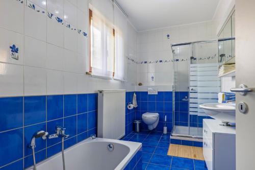 a blue and white bathroom with a tub and a sink at Untermühle Horchheim in Worms