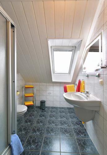 a bathroom with a sink and a toilet at Ferienhaus Richter in Drognitz