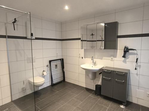 a bathroom with a toilet and a sink and a shower at FeWo 180° MOSELWeitblick in Neumagen-Dhron