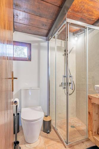 a bathroom with a toilet and a glass shower at Villa São Jorge in São Jorge